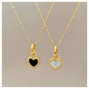18K Gold Plated Heart Pendant Necklace Black & White Enamel Stainless Steel